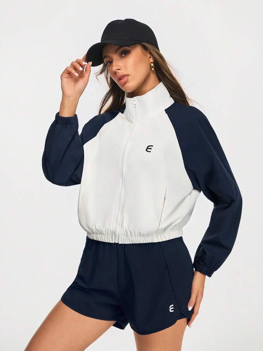 Eassivo Eassivo Women's White And Navy Blue Color Block Zip Up Jacket,Lightweight Windbreaker, Long Sleeve Raglan Athletic, Casual Fitness Running Sportswear, Cropped Windbreaker, Cropped Workout Jacket, Sporty Women,Tennis Jacket - Multicolor - View 1