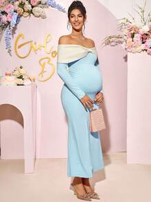 Loomaby 孕妇露肩长袖修身夸张蝴蝶结连衣裙