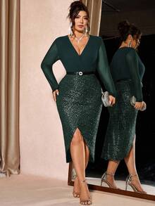 Cravure Đầm ôm sát tay dài cổ chữ V cỡ lớn dành cho nữ, đa năng giúp thon gọn và kéo dài cơ thể, thích hợp mặc hàng ngày và dự tiệc sang trọng - Màu xanh lá cây đậm - Xem 4