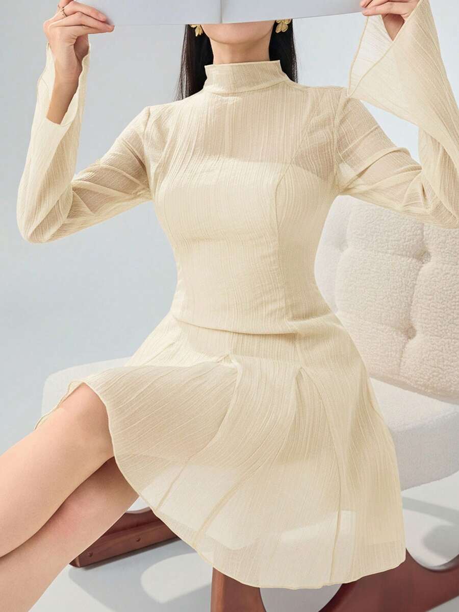 Heiryn 女士优雅纯色喇叭袖连衣裙,秋季 - 杏色 - 查看 1