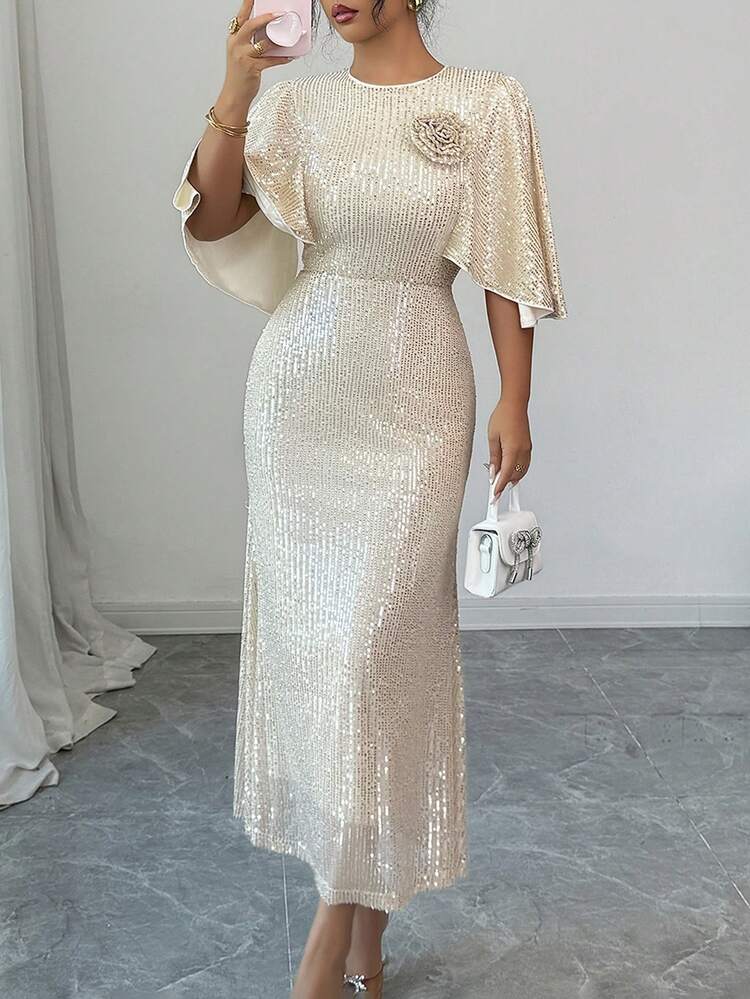 Elegant Sequin 3D Floral Decor Ruffle Sleeve Midi Dress For Women New Year Christmas Carnival Sparkly Dress