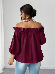 Elenzga 大码性感露肩上衣 - 酒紅色 - 查看 4