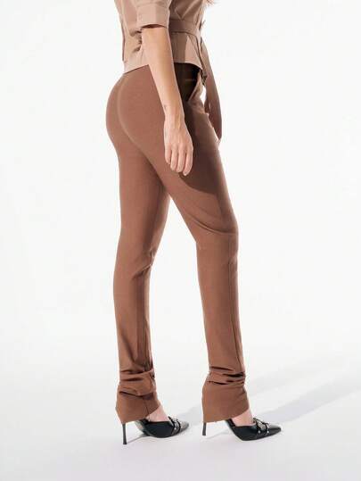 Pariaura Women's Brown Woven Mid-Waist Skinny Ankle Pants, Autumn/Winter