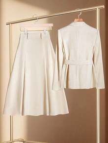 Franclia 2pcs Elegant Office Wear Set - Solid Color Blazer Jacket And High Waisted Skirt Clothes For University Fall Cloth For Women - Apricot - View 2