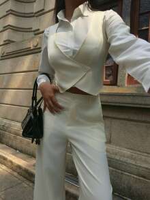 SHEIN EZwear 2pcs Women Sleeveless Fitted Top And Wide Leg Pants Suit Set In Fall/Winter - Apricot - View 6