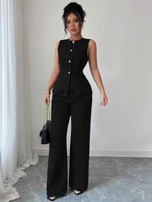 Elenzga 女士休闲日常通勤简约纯色无袖单排扣修身牛仔上衣和直筒牛仔裤套装 - 黑色 - 查看 4