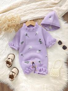 SHEIN Vintaside Kids 两件套婴儿米色套装：花卉刺绣毛衣连体衣+帽子，时尚可爱 - 淺灰紫 - 查看 5