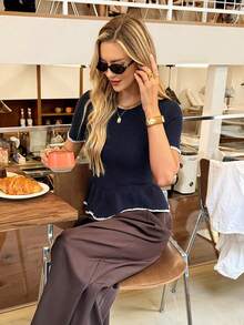 Serisse 女式撞色饰边短袖针织上衣 - 藏蓝色 - 查看 6