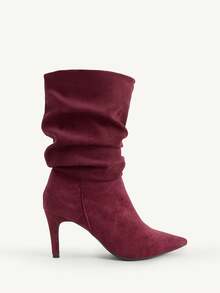 CUCCOO CHICEST 女士秋冬新款褶皱尖头细高跟优雅通勤百搭经典舒适黑色仿麂皮绒中筒靴，适合约会、工作、万圣节、圣诞节、感恩节等场合，用途广泛。 - 紅色 - 查看 9