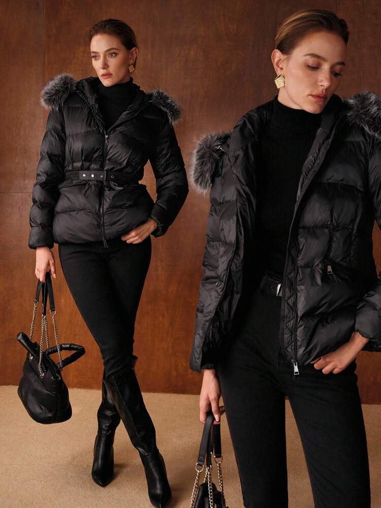 WOMEN'S ZIP UP HOODED PADDED COAT WITH FUR COLLAR, AUTUMN/WINTER