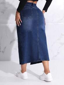 SHEIN SXY Plus Size Nút Thắt Lưng Chia Bodycon Váy Denim Có Túi, Thường Ngày & Thời Trang Để Mặc Hàng Ngày - Rửa tối - Xem 2