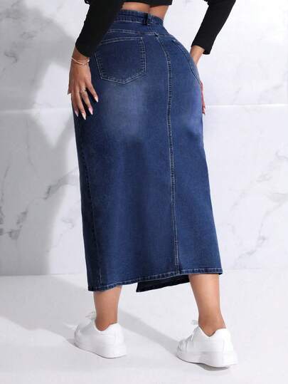SHEIN SXY Plus Size Button Waist Band Split Bodycon Denim Skirt With Pocket, Casual & Fashionable For Daily Wear