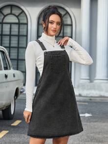 SHEIN Tall 女款素色休閒牛仔洋裝，適合高個女性 - 黑色 - 查看 3