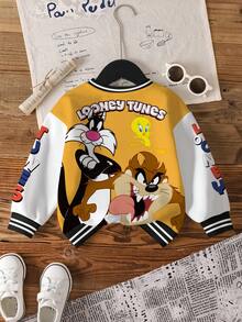 LOONEY TUNES X SHEIN Sudadera de cuello redondo de manga larga con bloques de color y estampado de dibujos animados para niño pequeño - Blanco - Ver 2