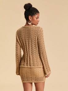 Travachic 时尚圆领开衫，带纽扣和喇叭袖 - 卡其色 - 查看 2