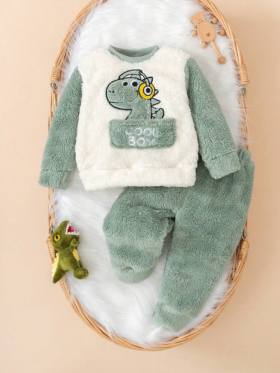 SHEIN 两件套男婴卡通恐龙图案罗纹圆领长袖上衣和柔软抓绒睡裤套装，适合秋冬季穿着，舒适保暖。 - 綠色 - 查看 1