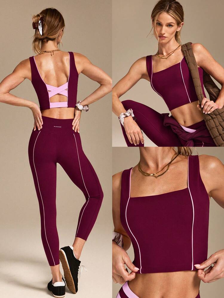 FeatherFit™ On The Line Soft Stretchy Sweat-Wicking UV Protection Crossover Back Two-Tone Removable Cups Cropped Active Tank Low Impact Yoga Pilates Studio Daily Active Wear