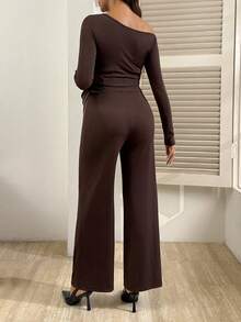 SHEIN 2pcs Maternity Casual Oblique Shoulder Top & Pants Set - Brown - View 2