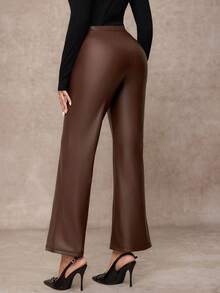 Amorya Quần ống rộng màu nâu cà phê PU cao cấp thanh lịch dành cho nữ, phù hợp mặc hàng ngày trong nhiều dịp, mùa thu - Cà phê nâu - Xem 2