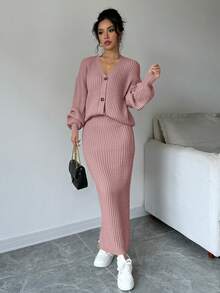 Elenzga 女士休闲通勤简约纯色V领落肩宽松纽扣开衫针织半身两件套，秋冬款 - 藕粉色 - 查看 4