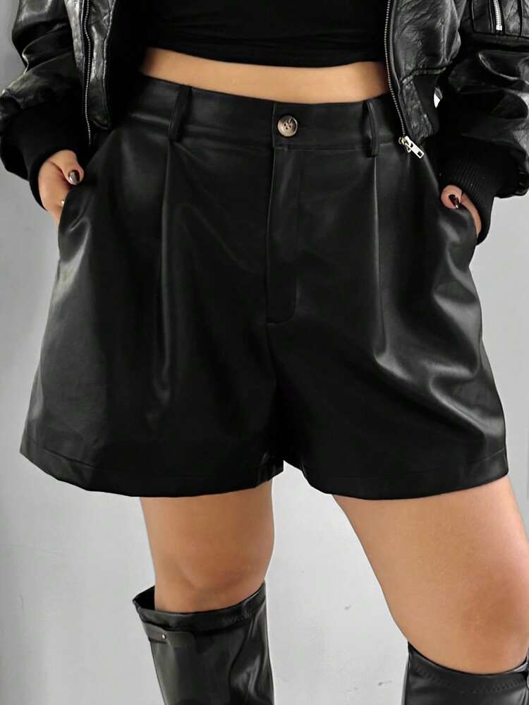 Dazy Plus Plus Size Women Casual Solid Color Short Straight PU Shorts, Autumn/Winter