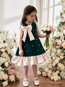 SHEIN Elladie kids 少女夏季新款珍珠蝴蝶结无袖A字裙摆荷叶边法式时尚优雅公主裙 - 墨綠色 - 查看 3