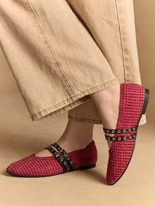 Rosivie 2025 Handwoven Niche Fashion Shoes, New Arrival Double Buckle Strap Ballet Flats For Women - Red - View 6