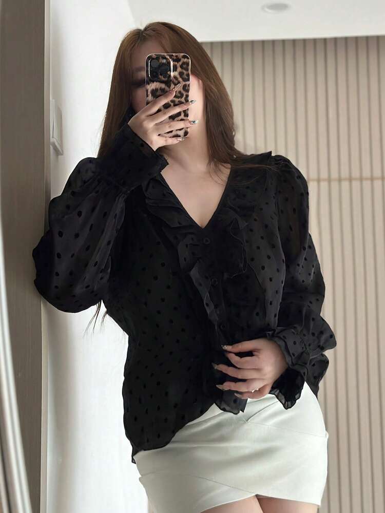 Dazy Plus Polka Dot Patchwork Ruffle Collar Elegant Flare Sleeve Loose Long Sleeve Black Blouse