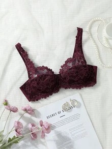 SHEIN Fashion Romantic French Gold Thread Floral Lace Push-Up Underwire Bra With Adjustable Shoulder Straps, 1pc - Maroon - View 4