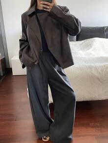 DAZY 女士休闲PU皮夹克，常规版型，秋季女式外套 - 咖啡棕 - 查看 3