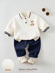 Cozy Pixies 2pcs Baby Boy Cartoon Bear Pattern Knit Soft Crew Neck Long Sleeve Pullover Sweatshirt And Elastic Waist Pants Set