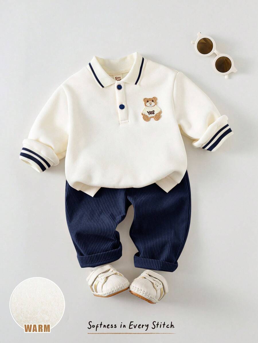 Cozy Pixies 2pcs Baby Boy Cartoon Bear Pattern Knit Soft Crew Neck Long Sleeve Pullover Sweatshirt And Elastic Waist Pants Set