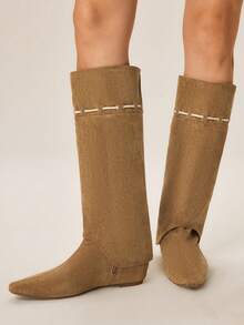 Styleloop Modische Retro-Kniehohe Stiefel mit verstecktem Keilabsatz für Damen - Aprikosenfarben - Übersicht 2