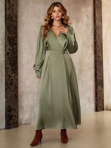 Roveilla Đầm dài tay chữ A cổ chữ V phối ren satin, eo thắt khóa kim loại, thanh lịch, lãng mạn, phù hợp mặc đi làm, thường ngày, phong cách đường phố, nơi làm việc, mùa thu/đông - xanh quân đội - Xem 6