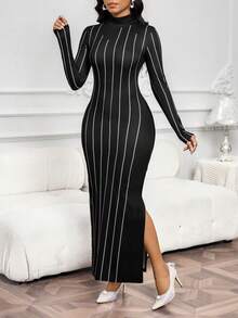 SHEIN Lady 女士时尚通勤条纹印花侧开衩修身长裙 - 黑色 - 查看 8