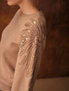 MOTF PREMIUM SEQUINS BEADED FLORAL KNIT RAGLAN SLEEVE SWEATER - Khaki - View 3