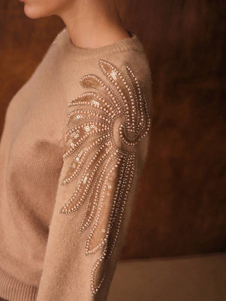 SEQUINS BEADED FLORAL KNIT RAGLAN SLEEVE SWEATER