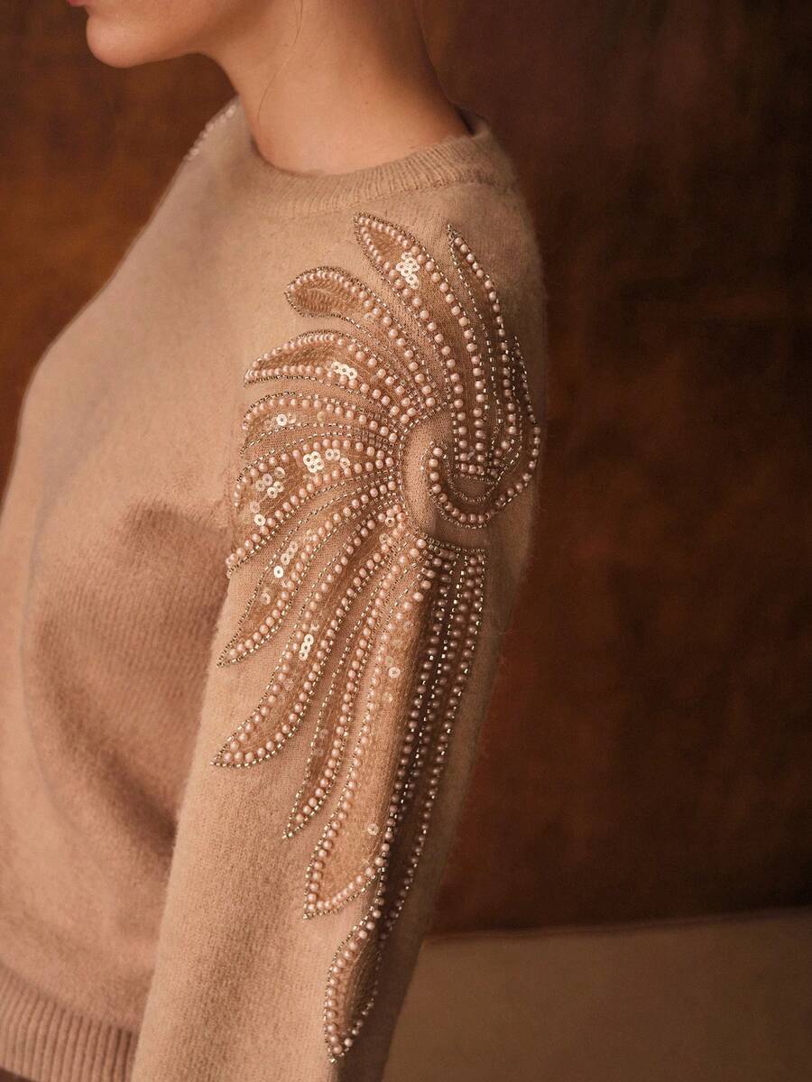 MOTF PREMIUM SEQUINS BEADED FLORAL KNIT RAGLAN SLEEVE SWEATER - Khaki - View 2