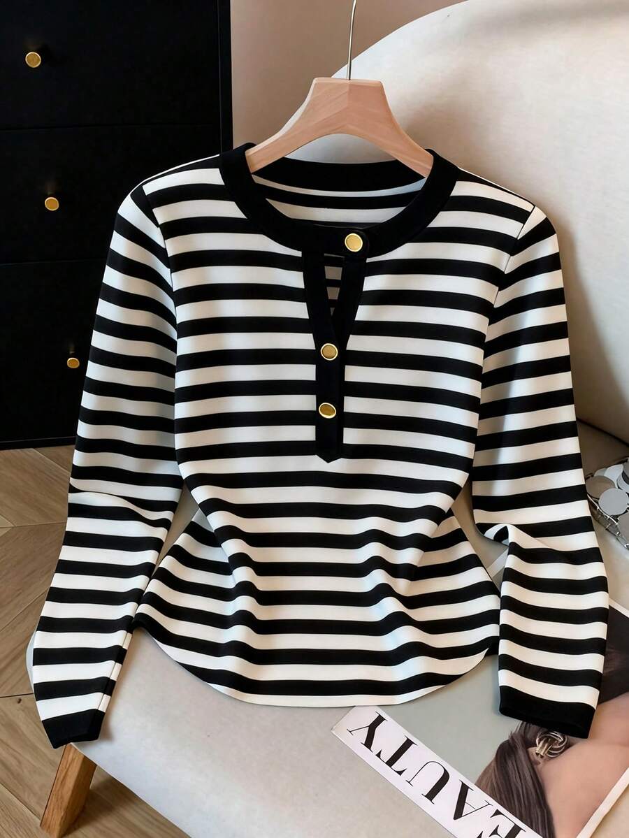 Franclia 休闲百搭条纹半拉链修身长袖黑白条纹女式T恤，打底衫，秋冬季 - 黑與白 - 查看 1