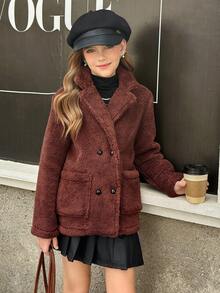 Tween Girl Fashionable Versatile Solid Color Double-Breasted Jacket, Autumn/Winter - Multicolor - View 5