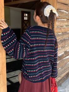 Dazy Plus Áo len cardigan cổ tròn họa tiết hoa Jacquard cỡ lớn dành cho nữ, Thu/Đông - Màu xanh hải quân - Xem 2