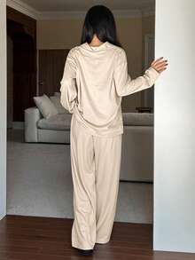 DAZY 女士翻领长袖纽扣衬衫和长裤简约针织舒适家居服套装，舒适休闲装，秋冬服装