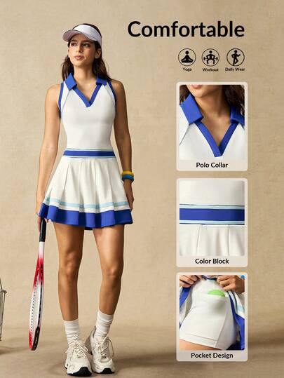 VARSIVA Women's Contrast Color Patchwork Pleated Sports Dress, White Tennis Dress, Spring/Summer/Autumn/Winter, Casual Gym Yoga Outdoor Holiday Vacation Yoga