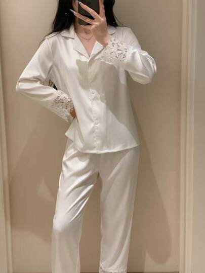 2-delars premium enfärgade nattkläder för kvinnor, långärmad topp och byxor, bekväma loungekläder