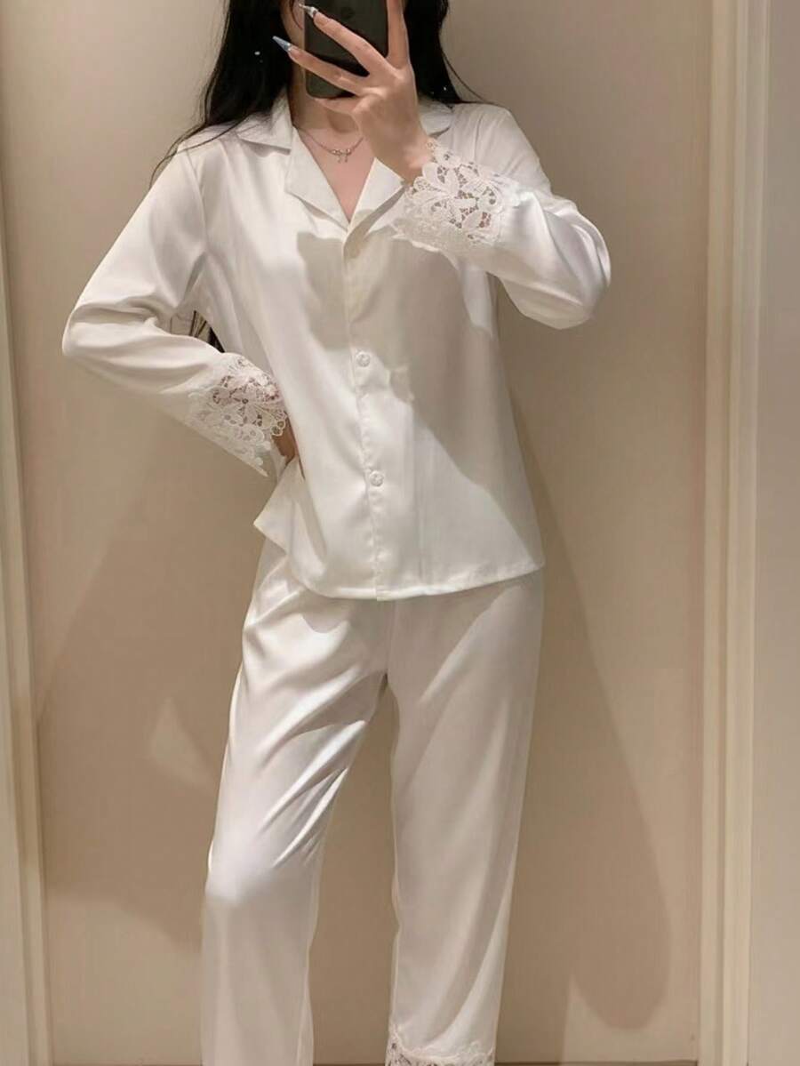 2-delars premium enfärgade nattkläder för kvinnor, långärmad topp och byxor, bekväma loungekläder - Vitt - Visa 1