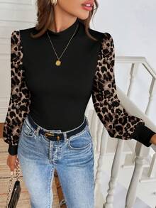 Easowa 高领针织泡泡袖撞色复古豹纹印花休闲通勤优雅女式衬衫，适合秋冬季穿着 - 彩色 - 查看 5