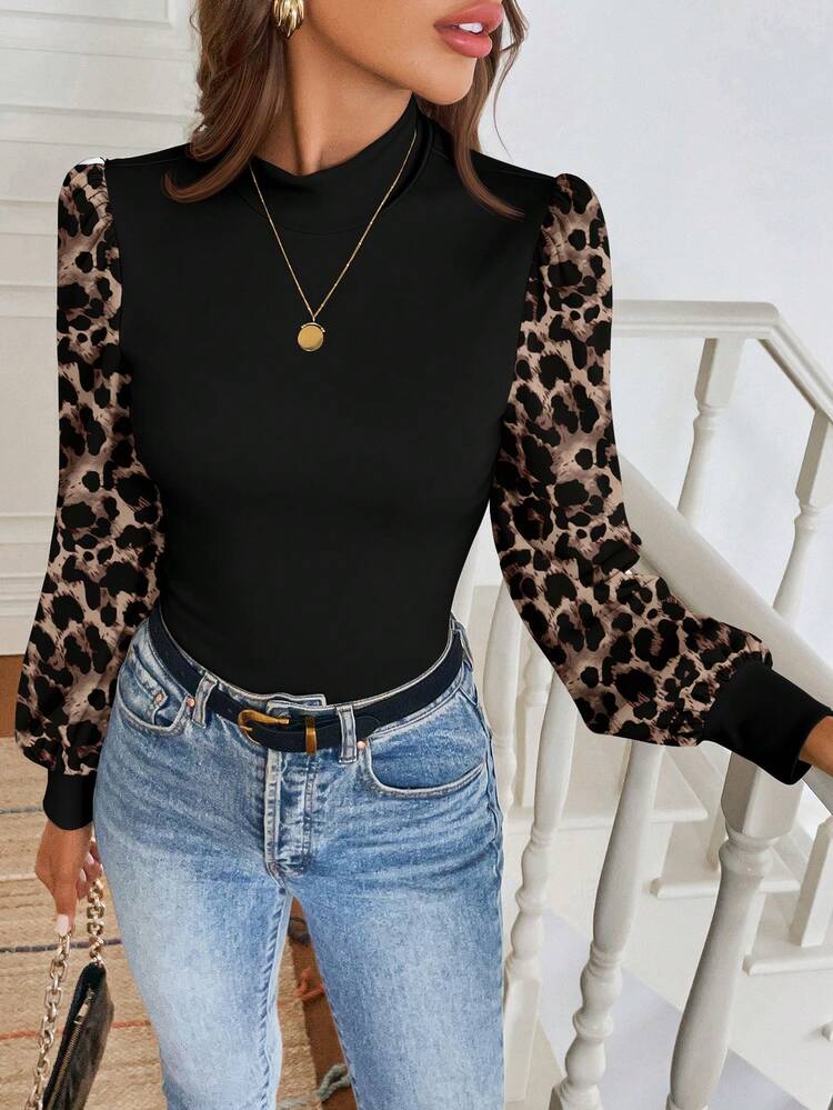 Easowa Áo cánh cổ cao tay bồng họa tiết da báo cổ điển thanh lịch, thoải mái khi đi làm dành cho nữ, phù hợp cho mùa thu/đông - Nhiều màu - Xem 5