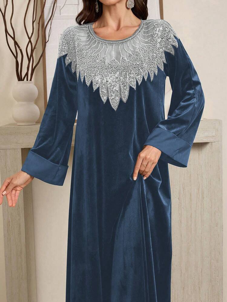 Al Najma Women's Splice Sequin Mesh Crew Neck Long Sleeve Loose Elegant Dress, Modest Elegant Kaftan Arabian Dresses, For Evening Party/Wedding Guest/Anniversary - Blue - View 6