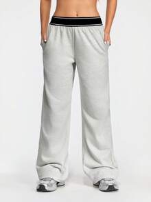 Eassivo Eassivo 女士撞色腰带口袋阔腿宽松运动裤 - 淺灰色 - 查看 5