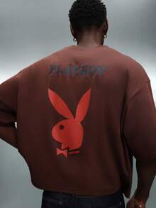 PLAYBOY X SUMWON Crop Fit Boxy Fit Crew Neck Short Sleeve Cotton Tee With Large Back Graphic Print Casual Streetwear Essential - Brown - View 1